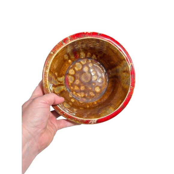 Vintage California USA Pottery Plant Pot Bowl 6x7" Orange Gold Drip Mid Century - Picture 3 of 10